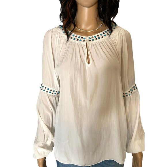 Ramy Brook Wyatt Studded and Turquoise Blouse White Size Small - Picture 1 of 12